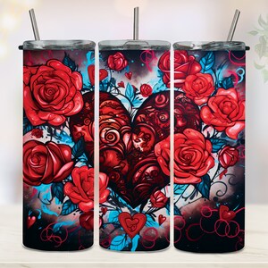 Valentines Day Tumbler Wrap 20oz Skinny Tumbler PNG Sublimation Hearts Roses Tumbler Design Digital Download Commercial Tumbler Wrap Png