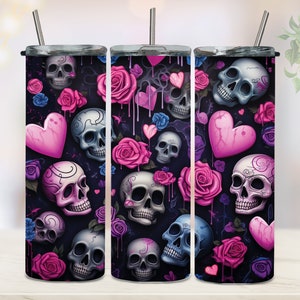 Valentines Day Tumbler Wrap Skull 20oz Skinny Tumbler PNG Sublimation Skull Heart Roses Tumbler Wrap Digital Download Commercial Tumbler Png