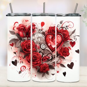 Valentines Day Tumbler Wrap 20oz Skinny Tumbler PNG Sublimation Hearts Roses Tumbler Design Digital Download Commercial Tumbler Wrap
