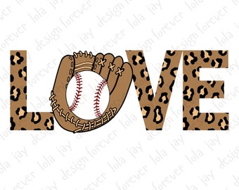 May include: The word "LOVE" is spelled out in brown and black leopard print. A baseball and a brown baseball glove are in the center of the word.