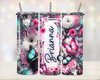 Add Name Personalized Tumbler Wrap Png Flower Seamless Tumbler Wrap PNG 20oz Straight Tumbler Wrap Name Pink and Teal Flower Butterfly Png
