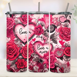 Valentines Tumbler Wrap 20oz Skinny Tumbler Sublimation Love Hearts Valentines Tumbler PNG Digital Download Pink Red Roses Tumbler Wrap File