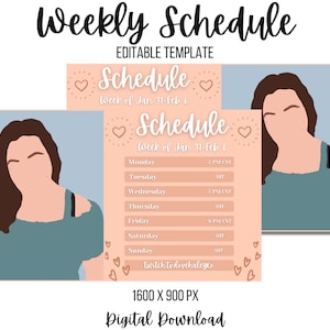 Twitch Schedule Template, Peach Pink Hearts Weekly Stream Schedule, Streaming Graphics, Cute, Streamer Assets, Editable Template