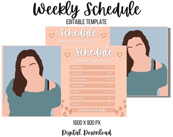 Plantilla de programación de Twitch, programación de transmisión semanal de Peach Pink Hearts, gráficos de transmisión, lindo, activos de streamer, plantilla editable