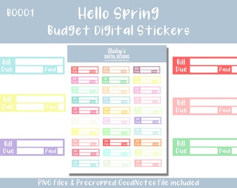 Bill Due Budget Stickers, Hello Spring, Precropped Digital Stickers, Pastel Digital Stickers, Budget Planner Stickers, Goodnotes, PNG Images