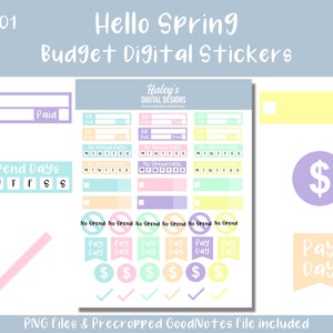 Budget Stickers - B0001, Hello Spring, Pre-cropped Digital Stickers, Pastel Digital Stickers, Budget Planner Stickers, Goodnotes, PNG Images