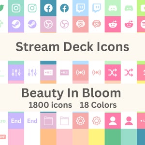 Puede incluir: Una colección de iconos de Stream Deck en varios colores, incluyendo logotipos de redes sociales y símbolos relacionados con el streaming. La imagen incluye el texto "Stream Deck Icons" y "Beauty In Bloom, 1800 iconos, 18 colores."