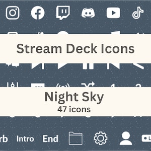 Könnte beinhalten: Dunkelblauer Hintergrund mit weißen Symbolen für Social-Media-Plattformen und Streaming-Dienste. Der weiße Text lautet "Stream Deck Icons" und "Night Sky", mit "47 Icons", die die Anzahl der Icons angeben.