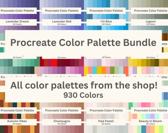 May include: A Procreate colour palette bundle showcasing various colour palettes, each with 30 colours. The image displays palettes such as "Lavender Dream," "I'm Blue," and "Autumn Vibes." The bundle includes a total of 930 colours, as stated in the image.