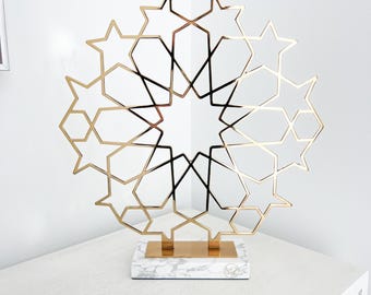 Handmade Gold Metal & Marble Sculpture: Modern Oriental Decor (19.5'' H)