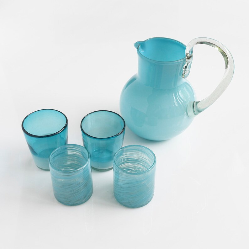 Handblown Recycled Glass Aqua Pitcher