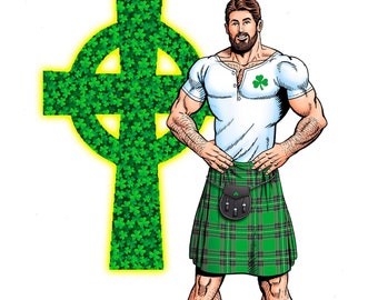 Irish Man in Kilt with Celtic Cross - 8.5" x 11" Pin-Up / Art Print | Male Body | Ireland | Gaelic Art | Muscle | Men in Kilts | Scotland