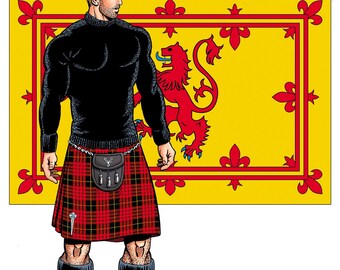 Scottish Man in Kilt with Royal Banner - 8.5" x 11" Pin-Up / Art Print | Male Body | Celtic | Gaelic Art | Muscle | Men in Kilts | Scotland
