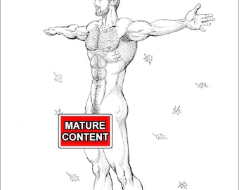 Art Print - Male Nude Pencil Drawing High-Quality | Male Body | Classical-Style Figure Drawing | Frontal Nude | Muscle | Autumn Fall Season