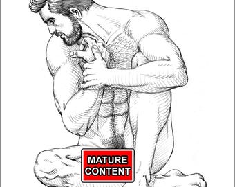 Art Print - Male Nude Pencil Drawing High-Quality | Male Body | Classical-Style Figure Drawing |  Frontal Nude | Muscle | Renaissance Style