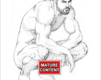 Art Print - Male Nude Pencil Drawing High-Quality | Male Body | Classical-Style Figure Drawing |  Frontal Nude | Muscle | Renaissance Style