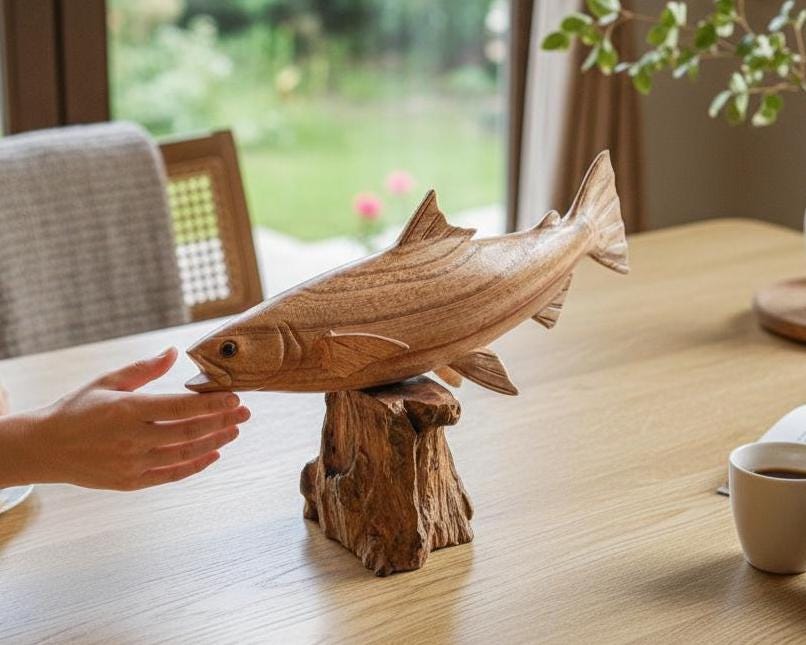 bulgarian wood carving box fish Koi Carved The Artist Strategically Carved This Piece To Show Movement. Guayacan Wood Hand-Carved 8" Sea