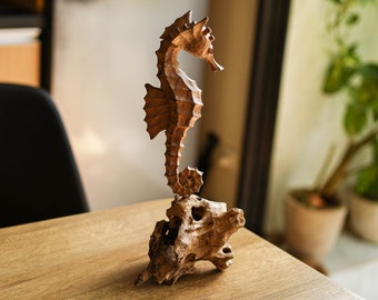 Seahorse Wooden Carving 11.5 Inch / 29 cm, Seahorse Sculpture, Parasite Wood, Natural, Fish Wood Carving, Romantic Gift, Gift Idea