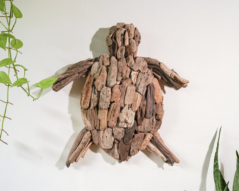 May include: A brown driftwood turtle sculpture, made from pieces of driftwood, mounted on a white wall.