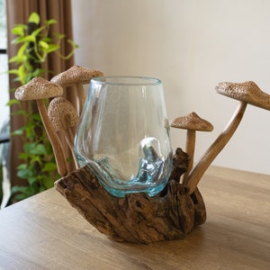 Wood Molten Glass 9 Inch / 22 cm, Blown Glass,Melted Glass, Terrarium, Hand Blown Recycled Glass,Succulent Planter,Office Decor,Gift for Mom