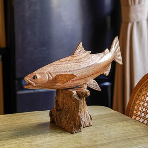 Wooden Fish Statue 12 Inch / 30 cm Width, Table Decor, Table Statue, Nature Sculpture, Living Room, Home Decor, Room Decor, Gift for Her