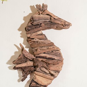 May include: A brown driftwood seahorse sculpture. The seahorse is made of many pieces of driftwood that have been carefully arranged to create a realistic shape.