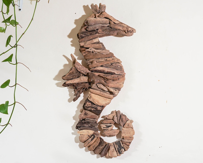 May include: A brown driftwood seahorse wall decor. The seahorse is made of natural driftwood and has a rustic, organic look.