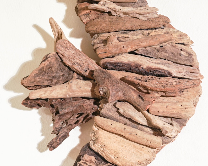 May include: A crescent moon-shaped wall decor made from driftwood. The wood is arranged in a layered pattern, creating a textured and organic look.