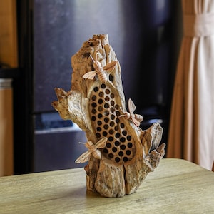 Wooden Bee Sculpture 10 Inch / 25 cm, Table Decor, Table Statue, Nature Sculpture, Living Room, Home Decor, Room Decor, Gift for Her