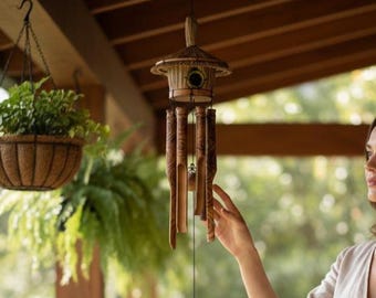 Craft Tuned Bambus Windspiel 45 Zoll / 114 cm, Großes Bambus Windspiel, Vogelhaus Spatz Holzspiel, Outdoor Dekor, Musikalischer Klang