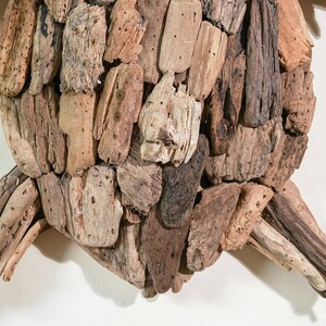 May include: A close-up of a turtle sculpture made from driftwood. The turtle's shell is made of many small pieces of wood, and its legs are made of larger pieces of wood.