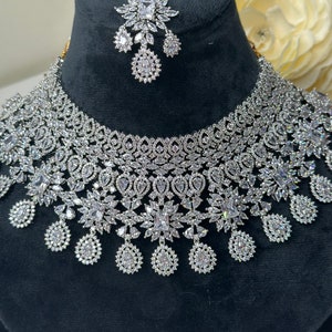 American Diamond silver Necklace with Earrings And Tikka / Pakistani Jewelry / Indian Jewelry/ CZ Necklace/ Silver Necklace ADset014