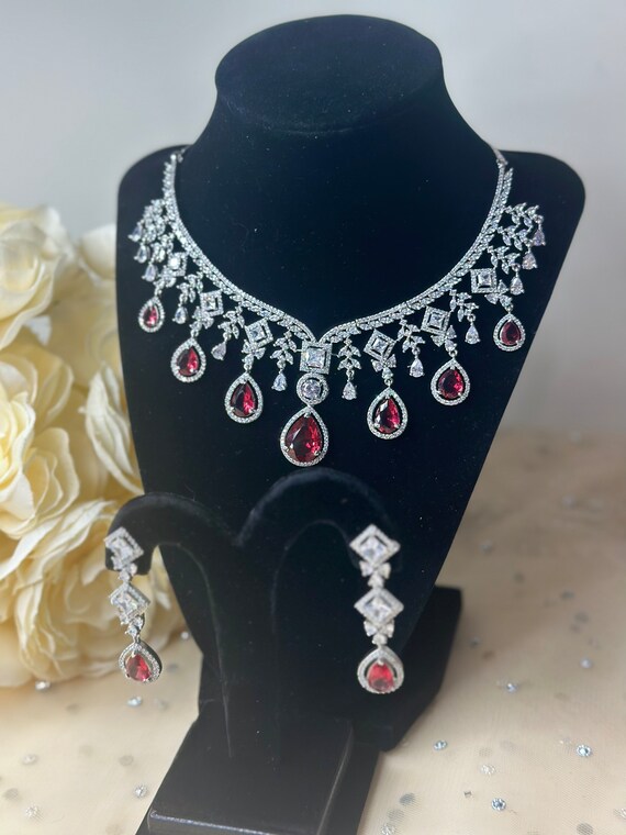 American Diamond AD Premium Ruby Silver Necklace Set Silver Ruby