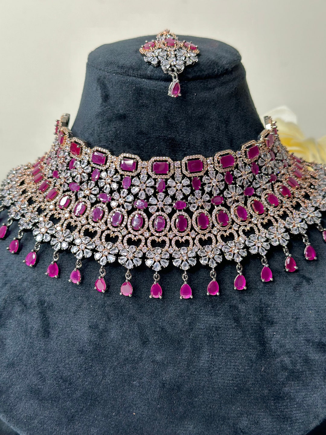 American Diamond Rani Antique Necklace With Earrings and Tikka ...