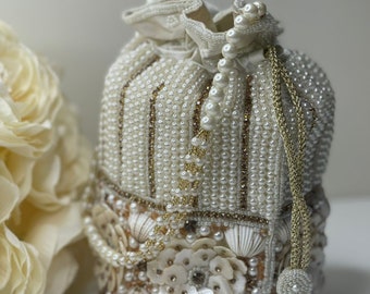 Luxurious Pearl & Glass Bead Embellish Bridesmaid Wedding Purse | Hand Embroidered Evening Drawstring Purse for Woman