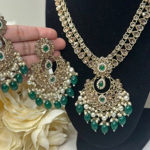 Izhaar Indian Polki Reverse AD Green Color Long Necklace with Earrings Tikka / Wedding Jewelry/ Traditional Jewelry/Wedding set/ Riya
