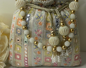 Luxurious Pearl & Glass Bead Embellish Bridesmaid Wedding Purse | Hand Embroidered Evening Drawstring Purse for Woman