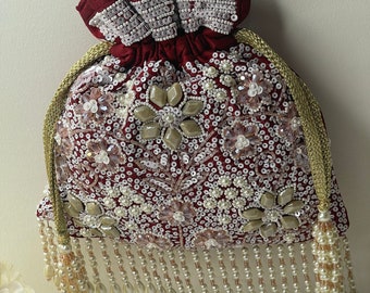 Luxurious Pearl & Glass Bead Embellish Bridesmaid Wedding Purse | Hand Embroidered Evening Drawstring Purse for Woman