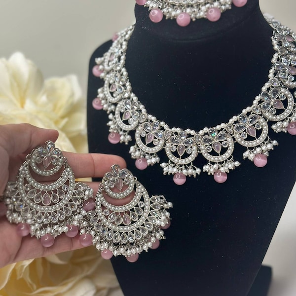 Izhaar Indian Pink Color Polki Reverse AD Necklace with Earrings Tikka/ Wedding Jewelry/ Traditional Jewelry/Wedding/Reverse AD.