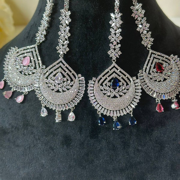 Izhaar AD Maang tikka with silver finish, Indian head jewelry, Wedding tikka