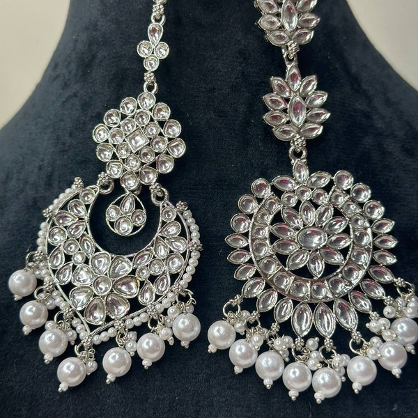 Izhaar Silver Maang Tikka in polki stones and pearl accents, Indian head jewelry, Wedding Bollywood/Indian/Pakistani