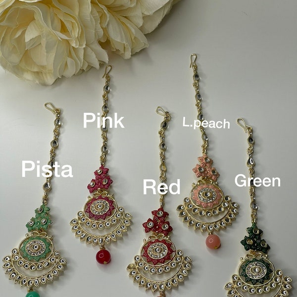 Izhaar Maang tikka in polki stones and pearl accents, Indian head jewelry, Wedding tikka
