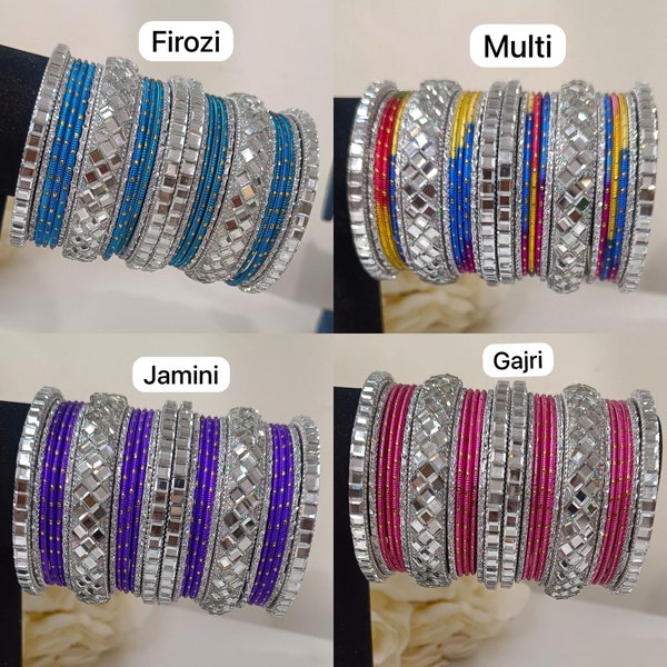 New*Elegant Indian bangles set with silver mirror work kada, Indian Pakistani Wedding Jewelry, Bridesmaids bangles, for any occasions