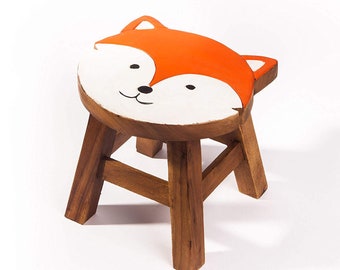 Kinderhocker, Schemel, Kinderstuhl massiv aus Holz mit Tiermotiv Fuchs, 25 cm Sitzhöhe für unsere Kindersitzgruppe