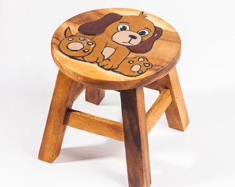 Kinderhocker, Schemel, Kinderstuhl massiv aus Holz mit Tiermotiv Hund, 25 cm Sitzhöhe für unsere Kindersitzgruppe