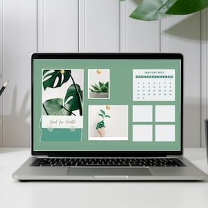 Pode incluir: Um computador portátil com fundo verde e uma colagem de imagens, incluindo um calendário para janeiro de 2023, uma planta e uma mão segurando uma pequena planta. O texto "Good for Health" é visível na tela.