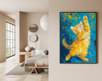 Orange Cat Playful Illustration Art, Colorful Animal Modern Decor (Digital Download)