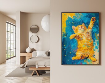 Orange Cat Art Print, Blissful Illustration, Modern Abstract Decor (Digital Download)