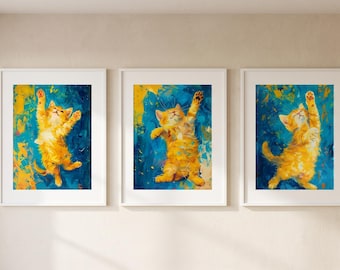 Set of 3 Orange Cat Art Prints, Playful Modern Pet Decor (Digital Download)