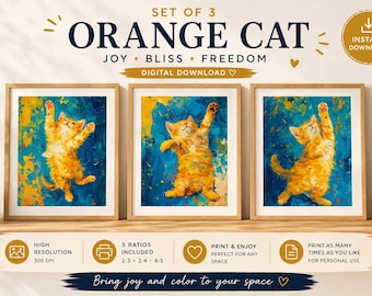 Set of 3 Orange Cat Art Prints, Playful Modern Pet Decor (Digital Download)